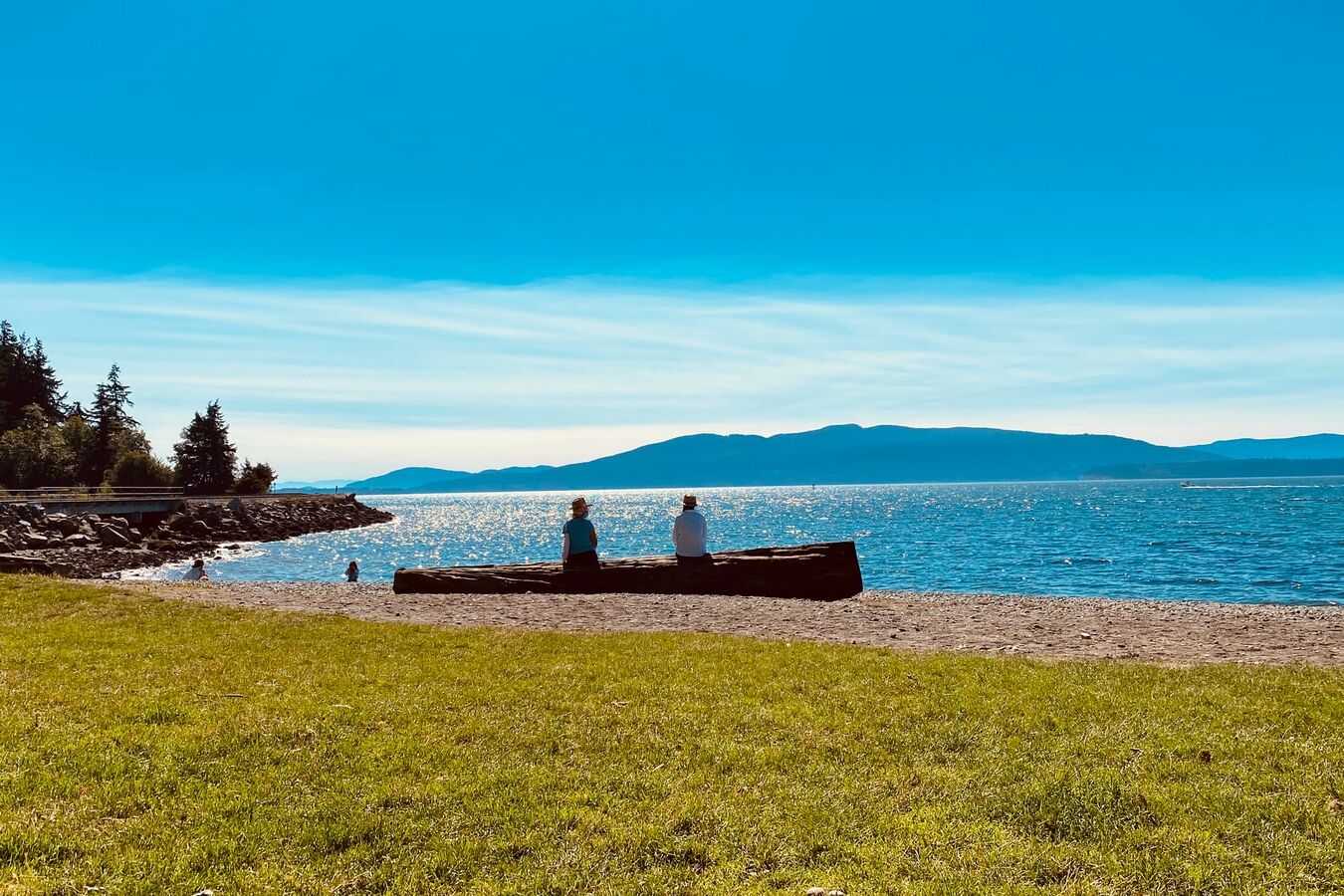 2 people sitting on bench near sea during daytime