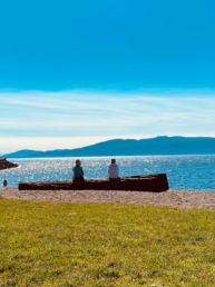 2 people sitting on bench near sea during daytime