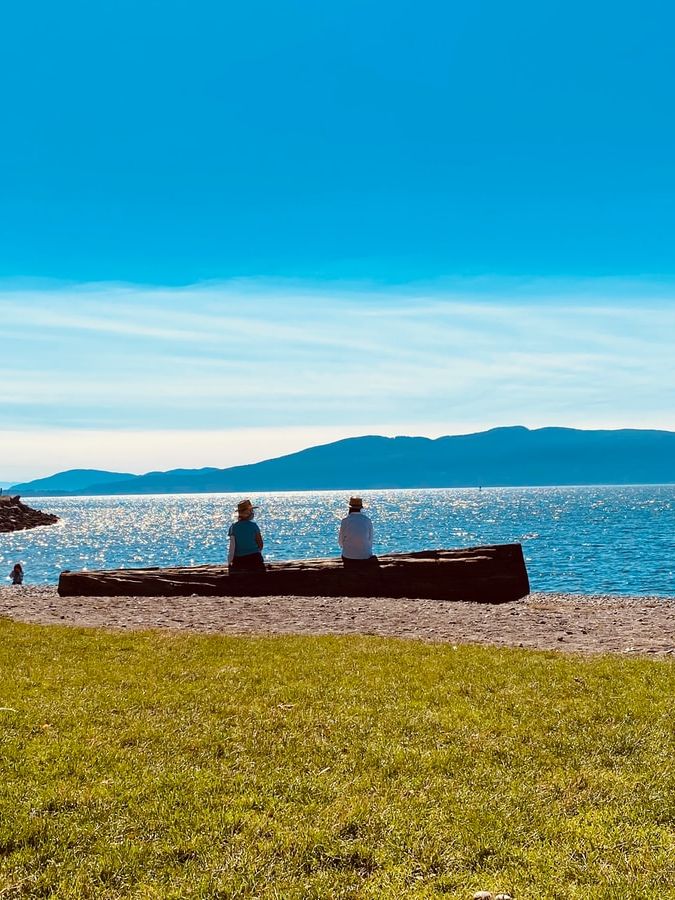 2 people sitting on bench near sea during daytime