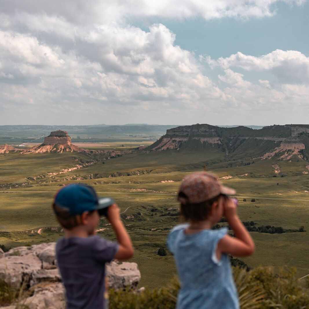 a couple of kids standing on top of a lush green hillside