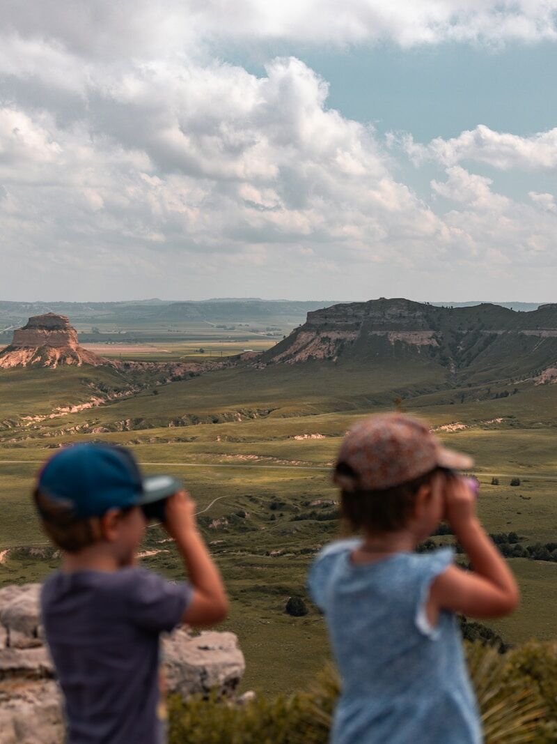 a couple of kids standing on top of a lush green hillside