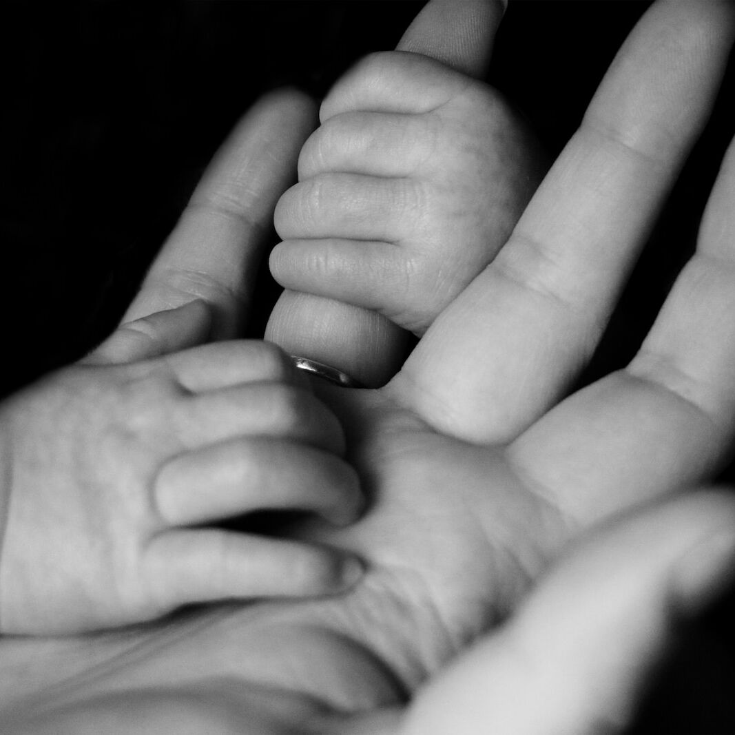 photo of baby holding person's fingers